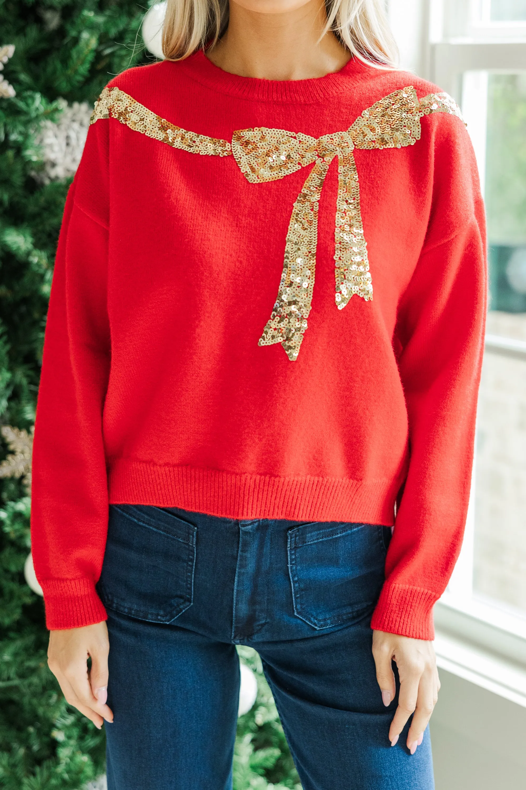 Always Present Red Sequin Bow Sweater