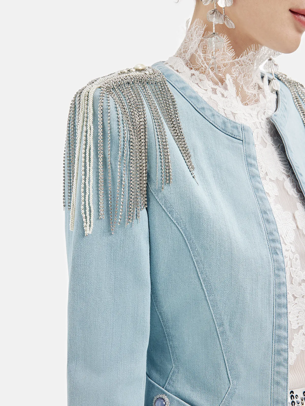 Beaded Fringe Distressed Denim Jacket