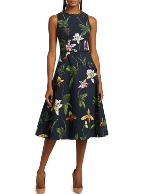 Belted Orchid Print Fit & Flare Midi Dress