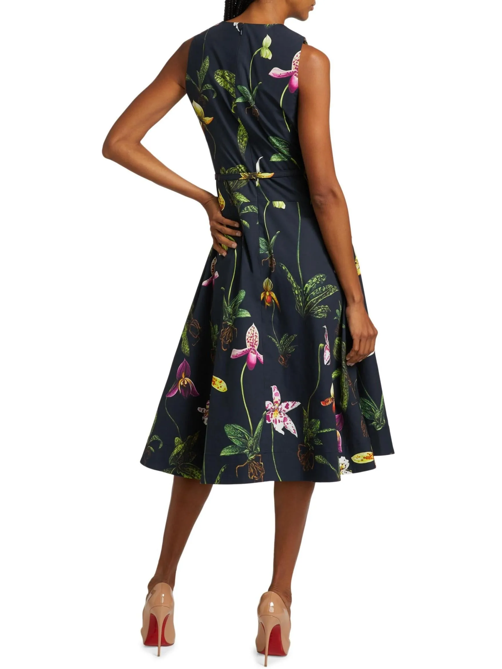 Belted Orchid Print Fit & Flare Midi Dress