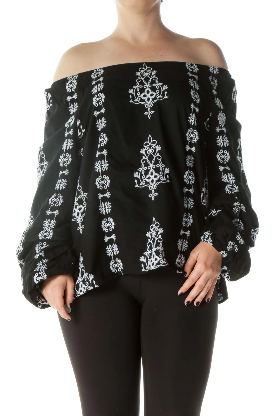 Black & White Embroidered Off-The-Shoulder Blouse with Peasant Sleeve