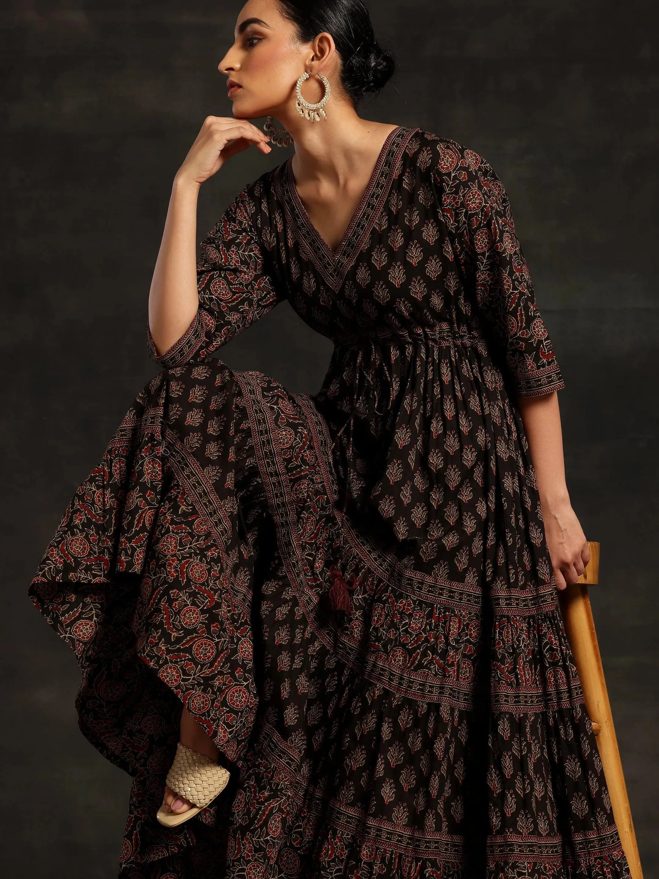 Black Printed Cotton A-Line Dress