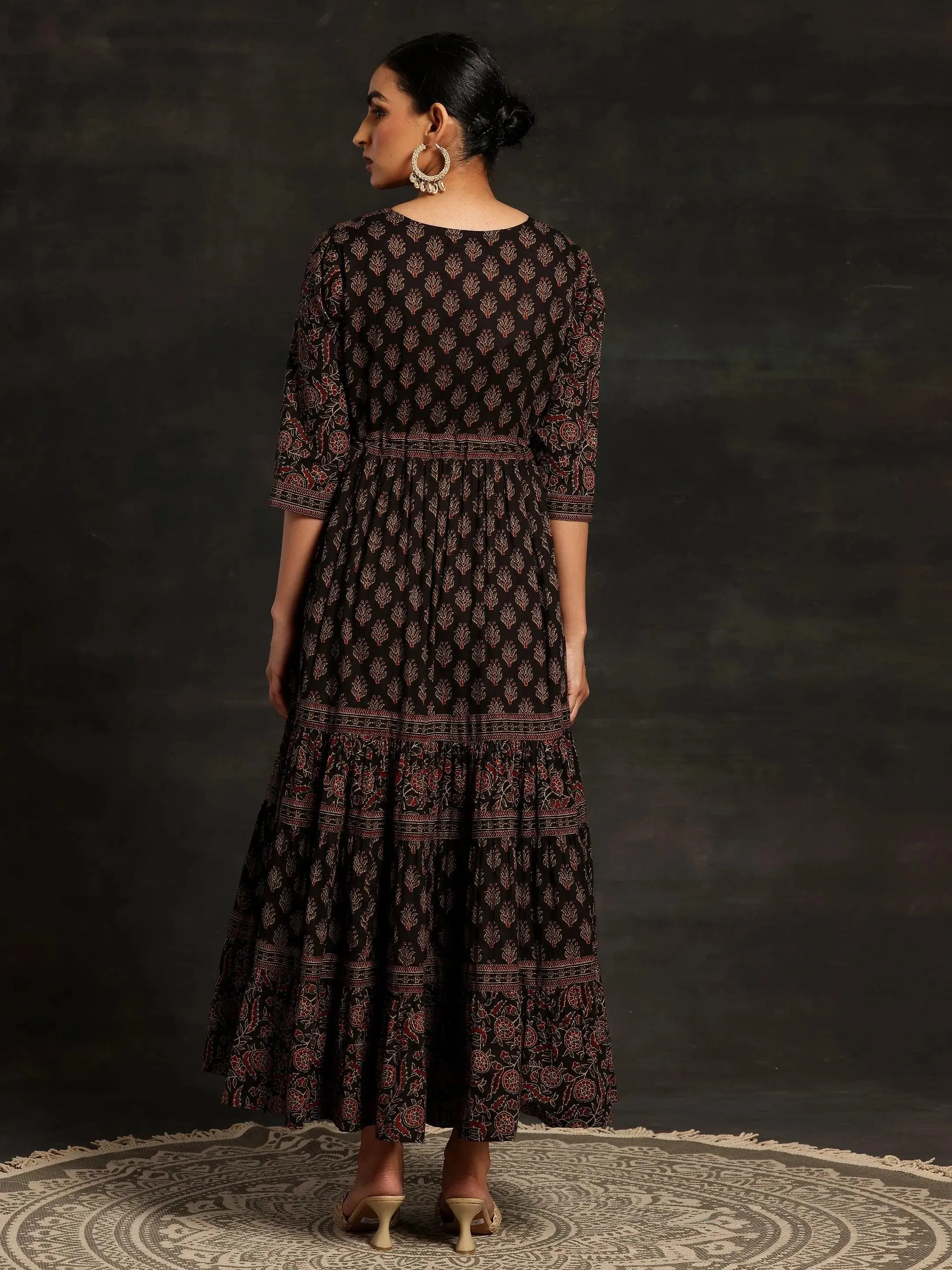 Black Printed Cotton A-Line Dress