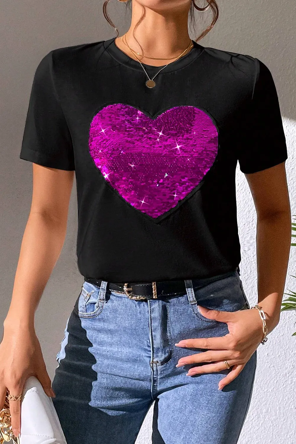 Black Valentine Two Tone Sequined Heart Shaped Graphic T Shirt