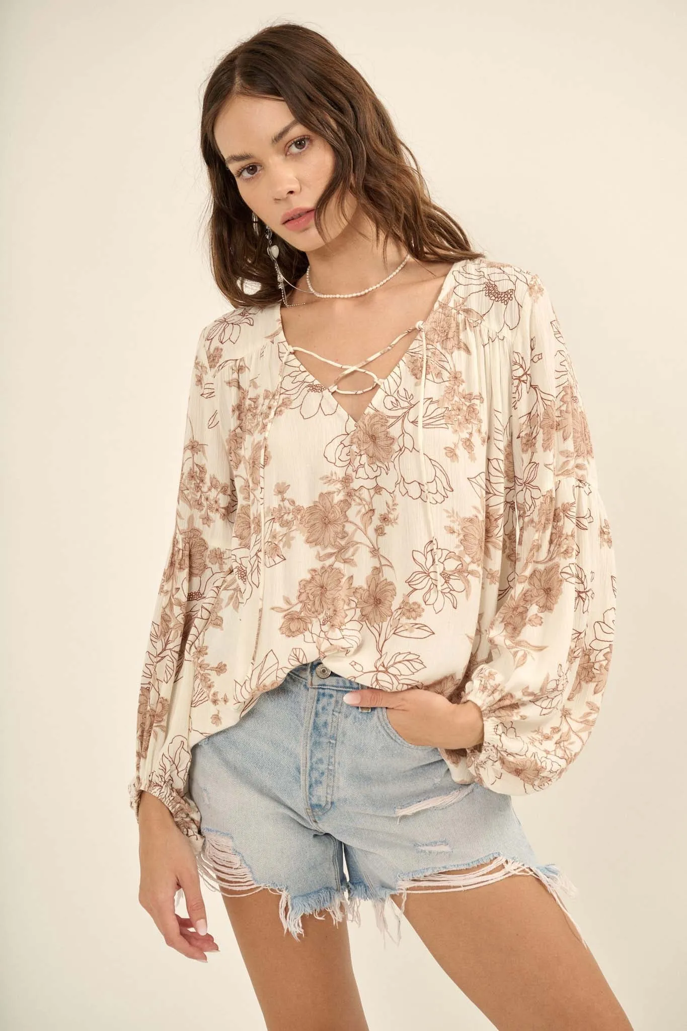 Blooming Heart Floral Lace-Up Peasant Top