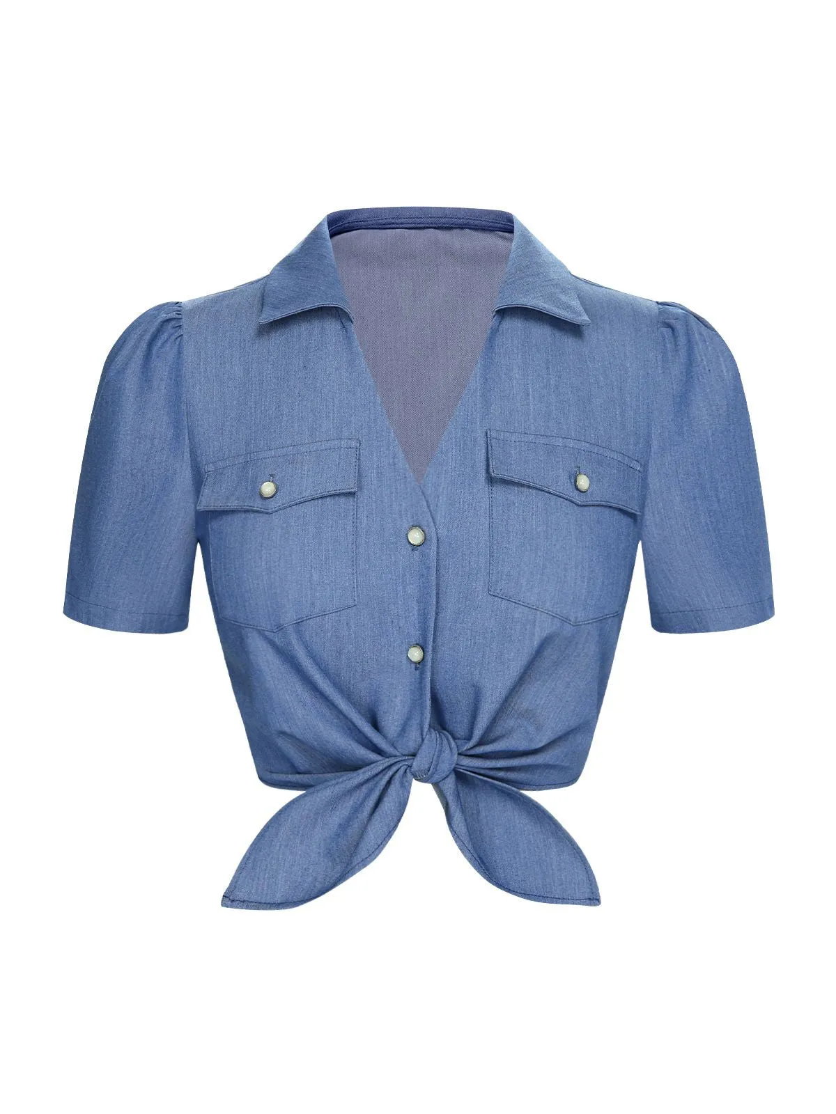 Blue 1950s Solid Waist Tie Lapel Blouse