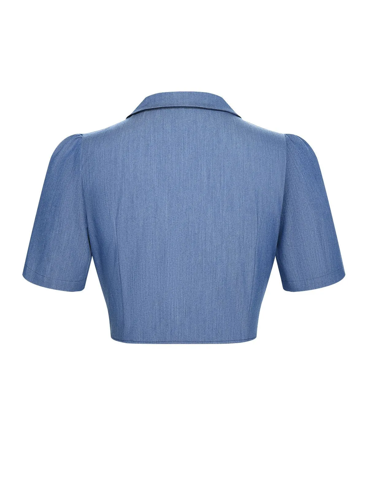 Blue 1950s Solid Waist Tie Lapel Blouse