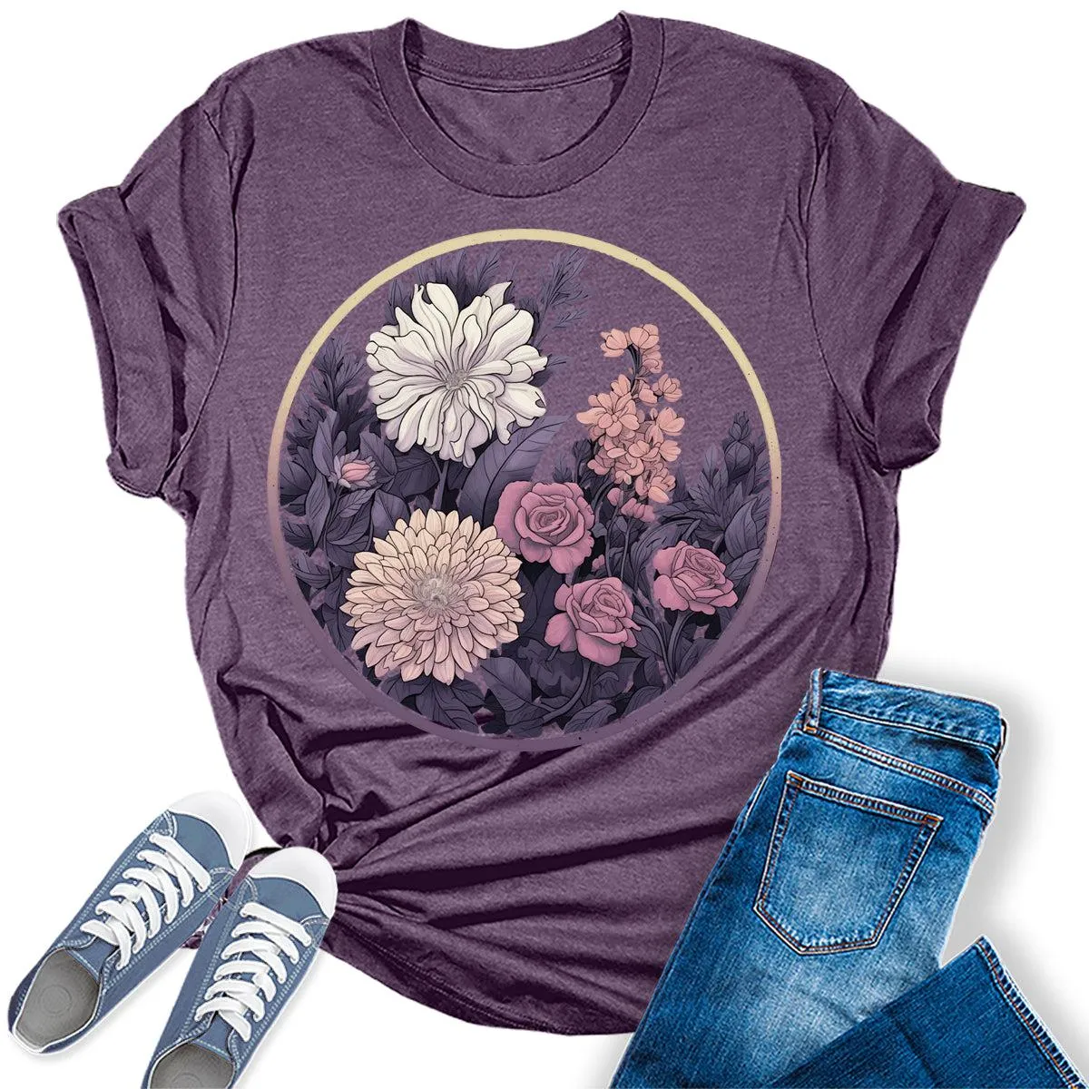 Botanical Floral Moon Graphic Tees For Womens