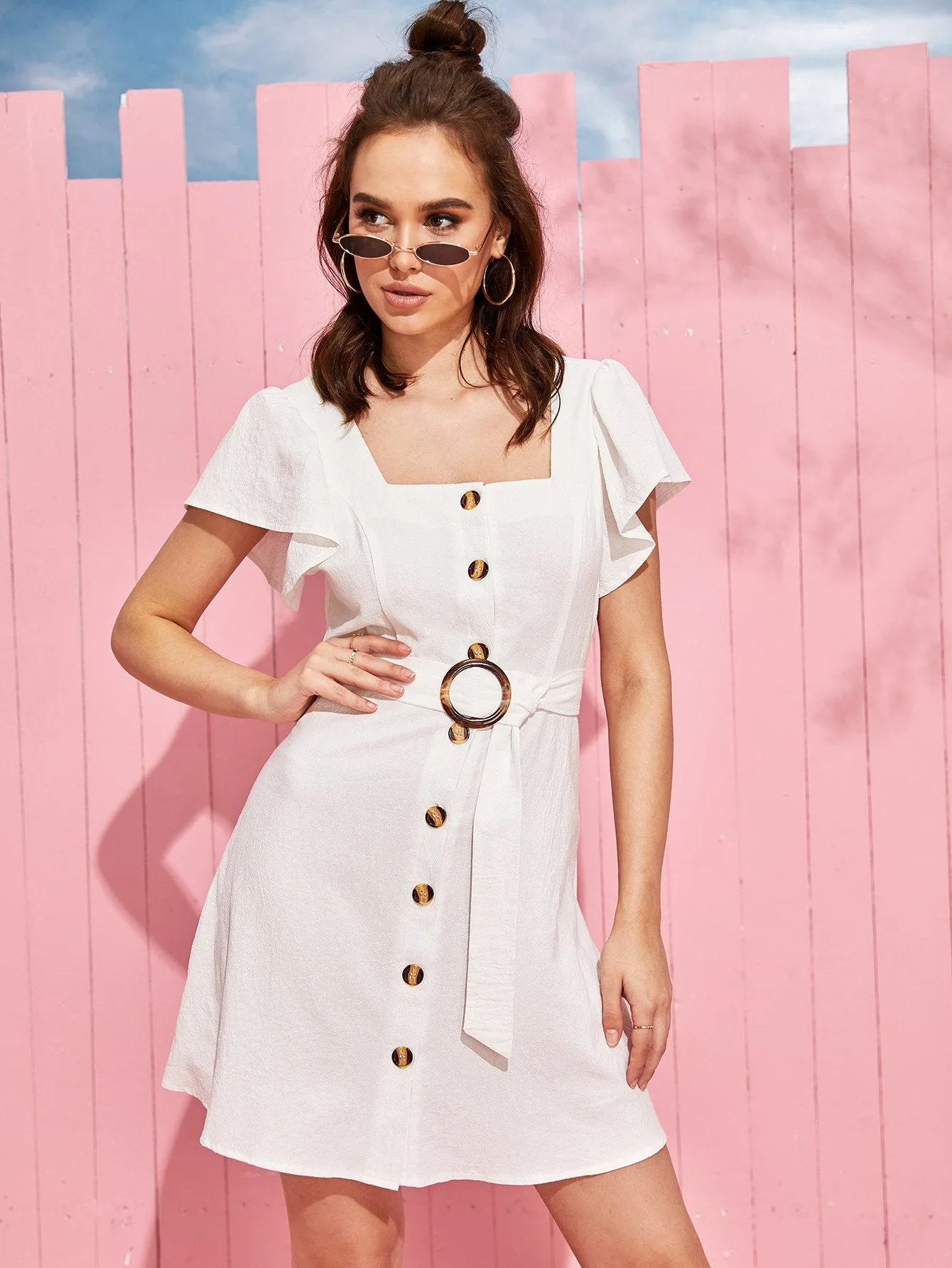 Button Front Belted Tea Dress