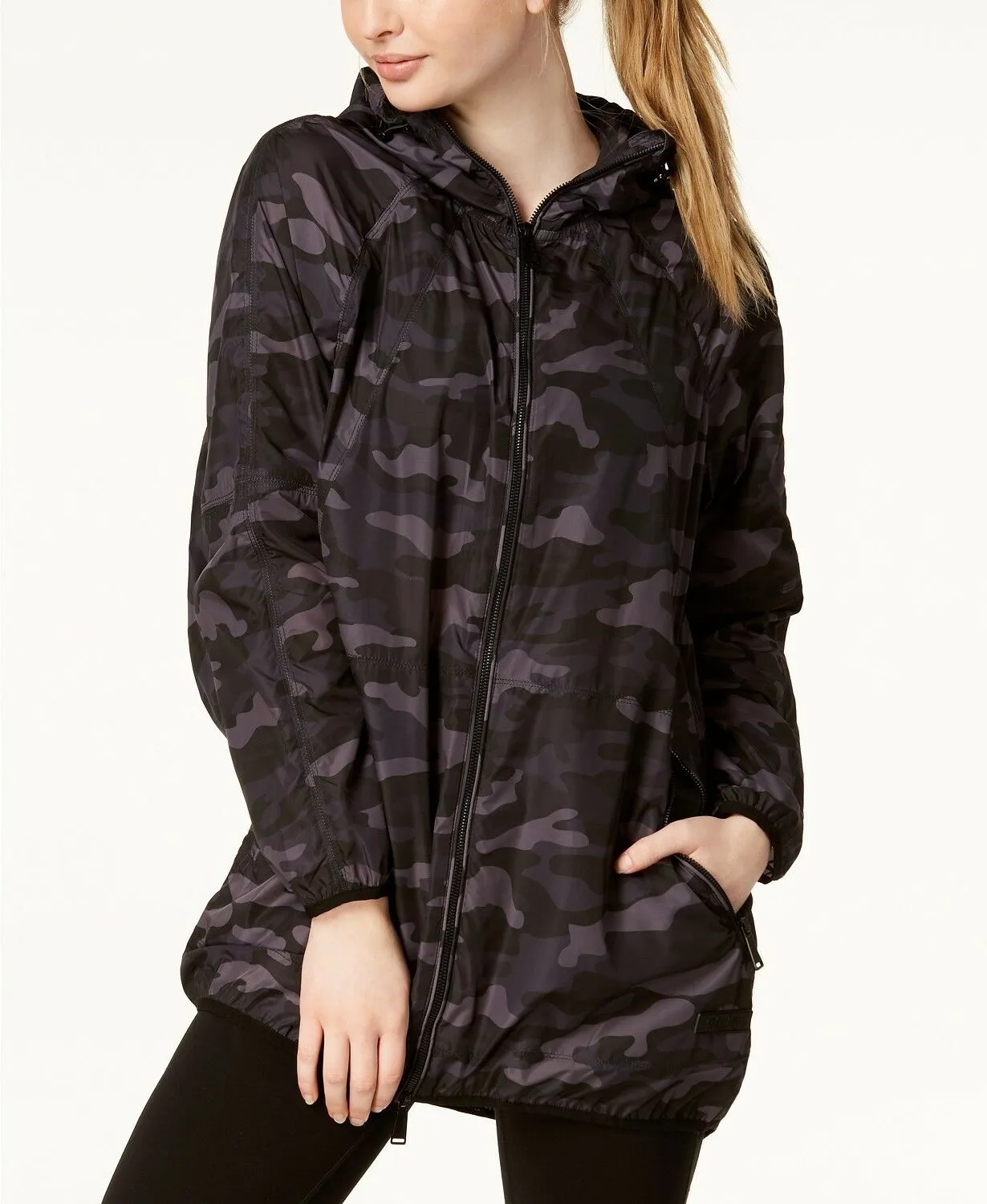 Calvin Klein Performance Camo-Print Packable Hooded Jacket,Small Black Combo