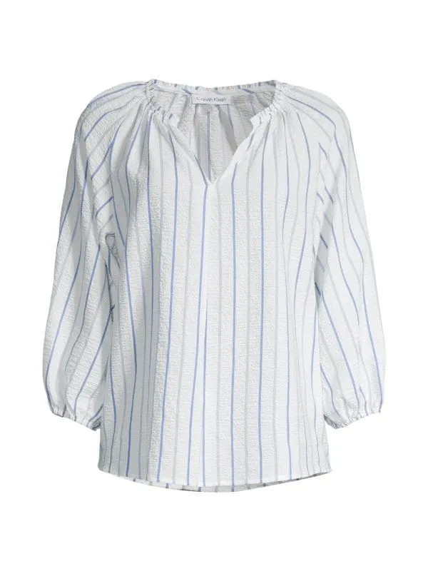 Calvin Klein Vertical Striped Peasant Plaid Top, soft white