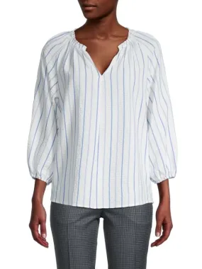 Calvin Klein Vertical Striped Peasant Plaid Top, soft white