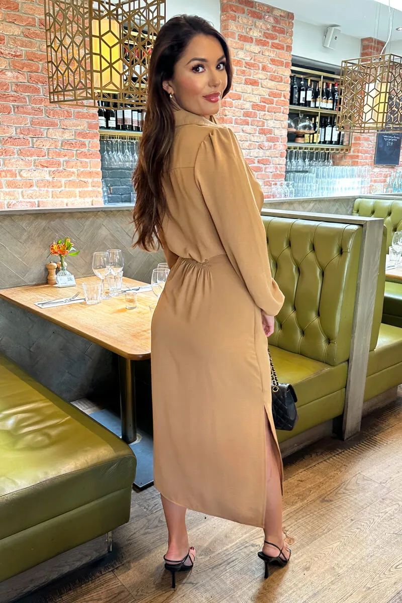 Camel Button Front Tie Shirt Midi Dress