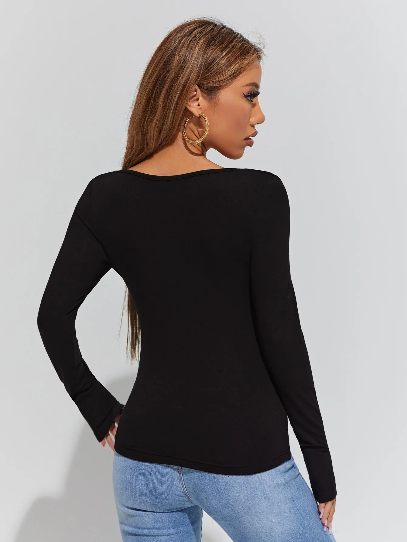 Casual Plain Long Sleeve Square Neck Regular Women T-Shirt