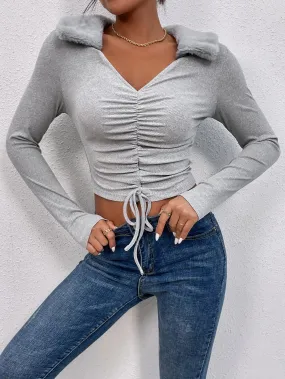 Casual Plain Ruched Bust Long Sleeve Collar Crop Women T-Shirt