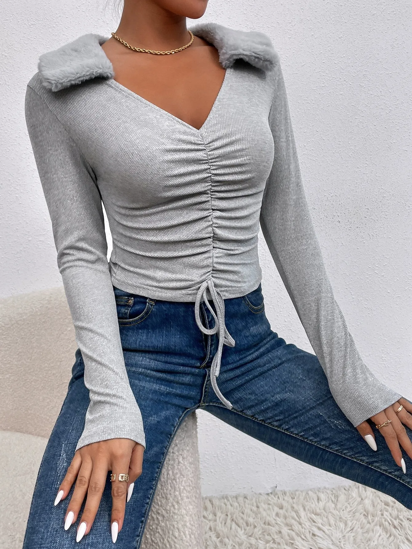 Casual Plain Ruched Bust Long Sleeve Collar Crop Women T-Shirt