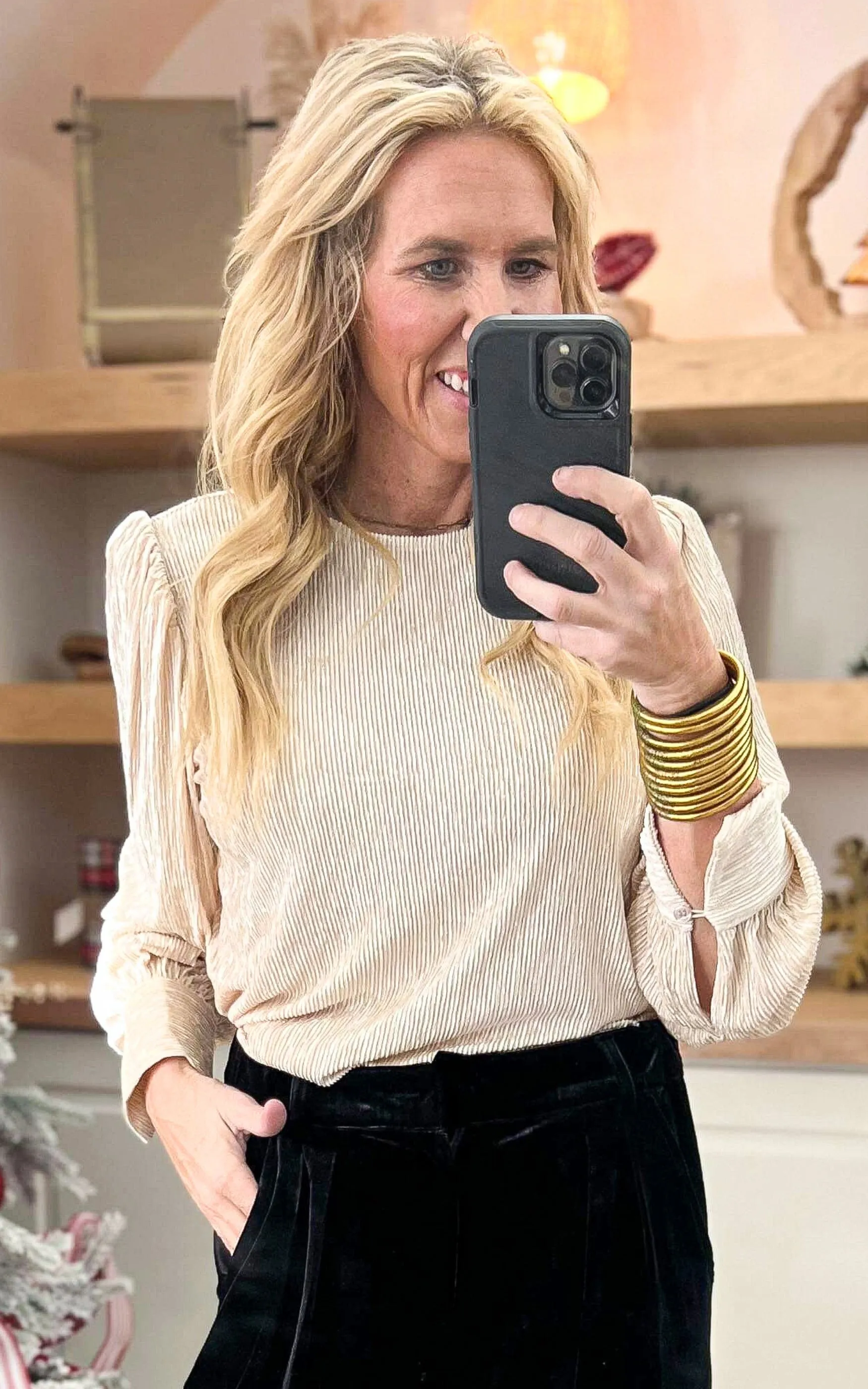 Champagne Textured Long Sleeve Peasant Top