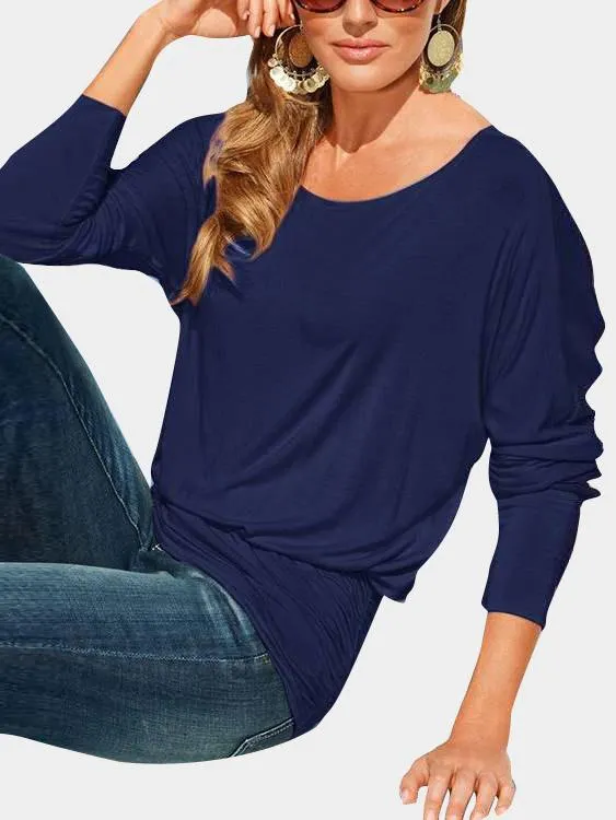 Custom Bateau Plain Pleated Long Sleeve Navy T-Shirts