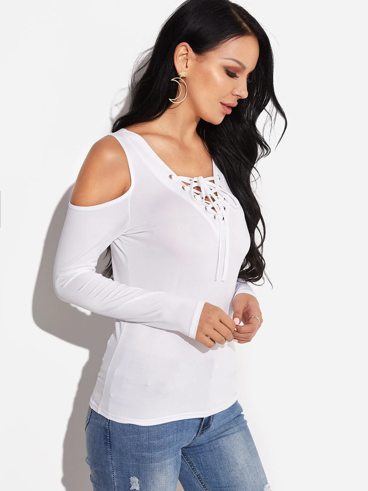 Custom Cold Shoulder Deep V Neck Plain Lace-Up Cut Out Long Sleeve T-Shirts