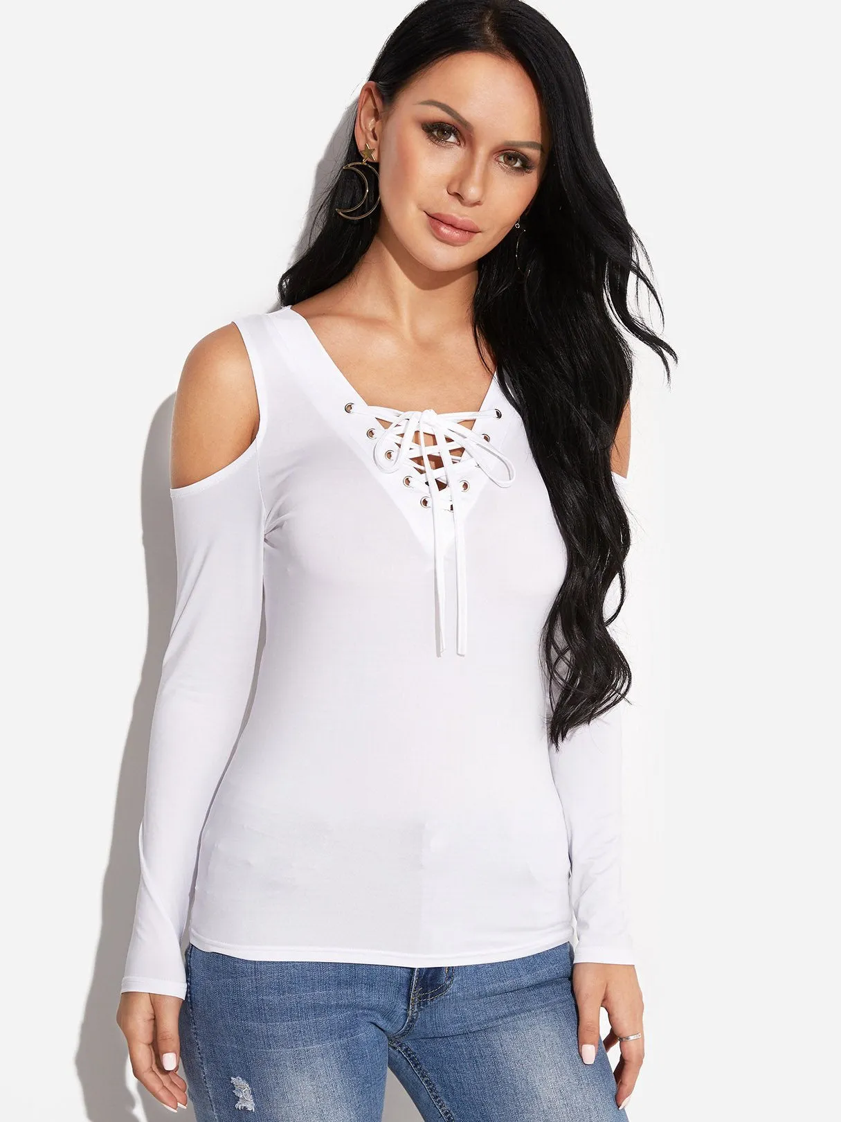 Custom Cold Shoulder Deep V Neck Plain Lace-Up Cut Out Long Sleeve T-Shirts