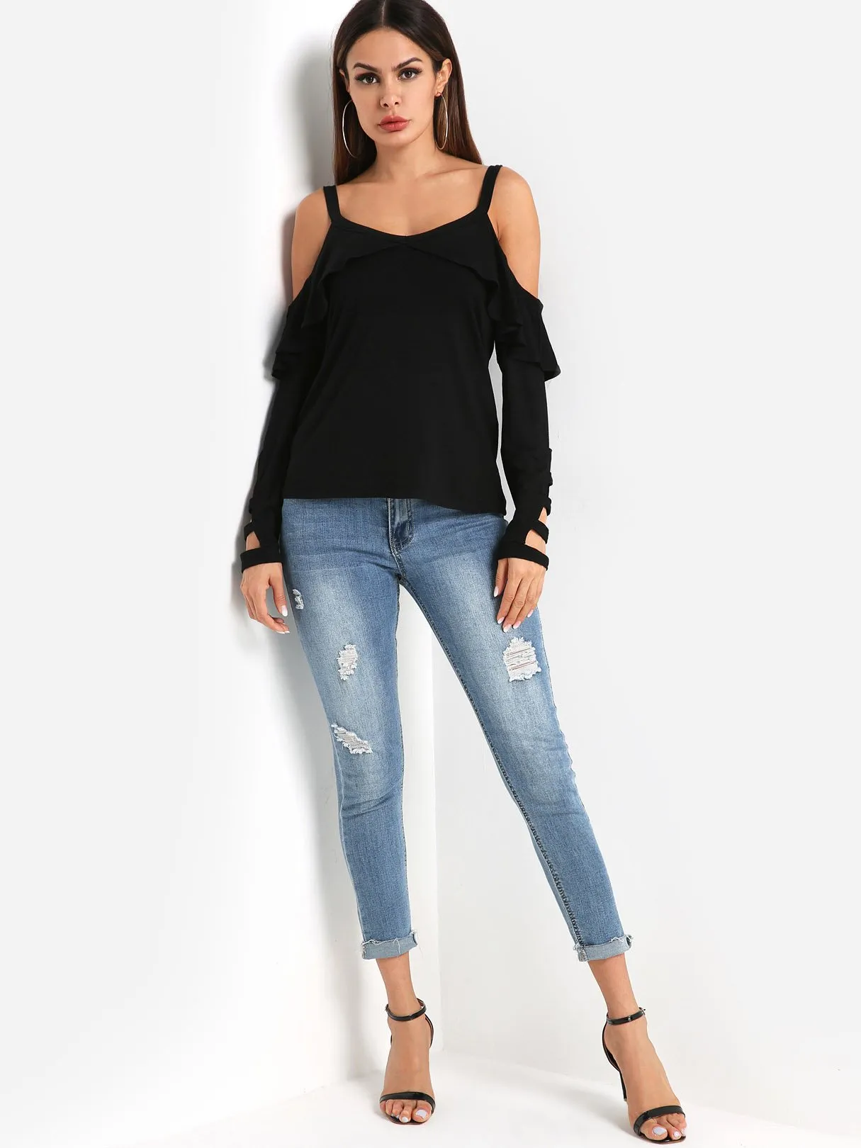 Custom Cold Shoulder Plain Cut Out Long Sleeve Black T-Shirts