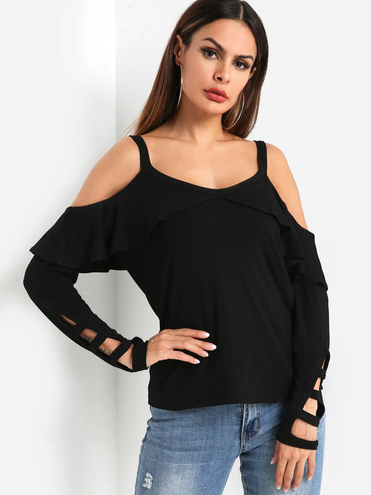 Custom Cold Shoulder Plain Cut Out Long Sleeve Black T-Shirts