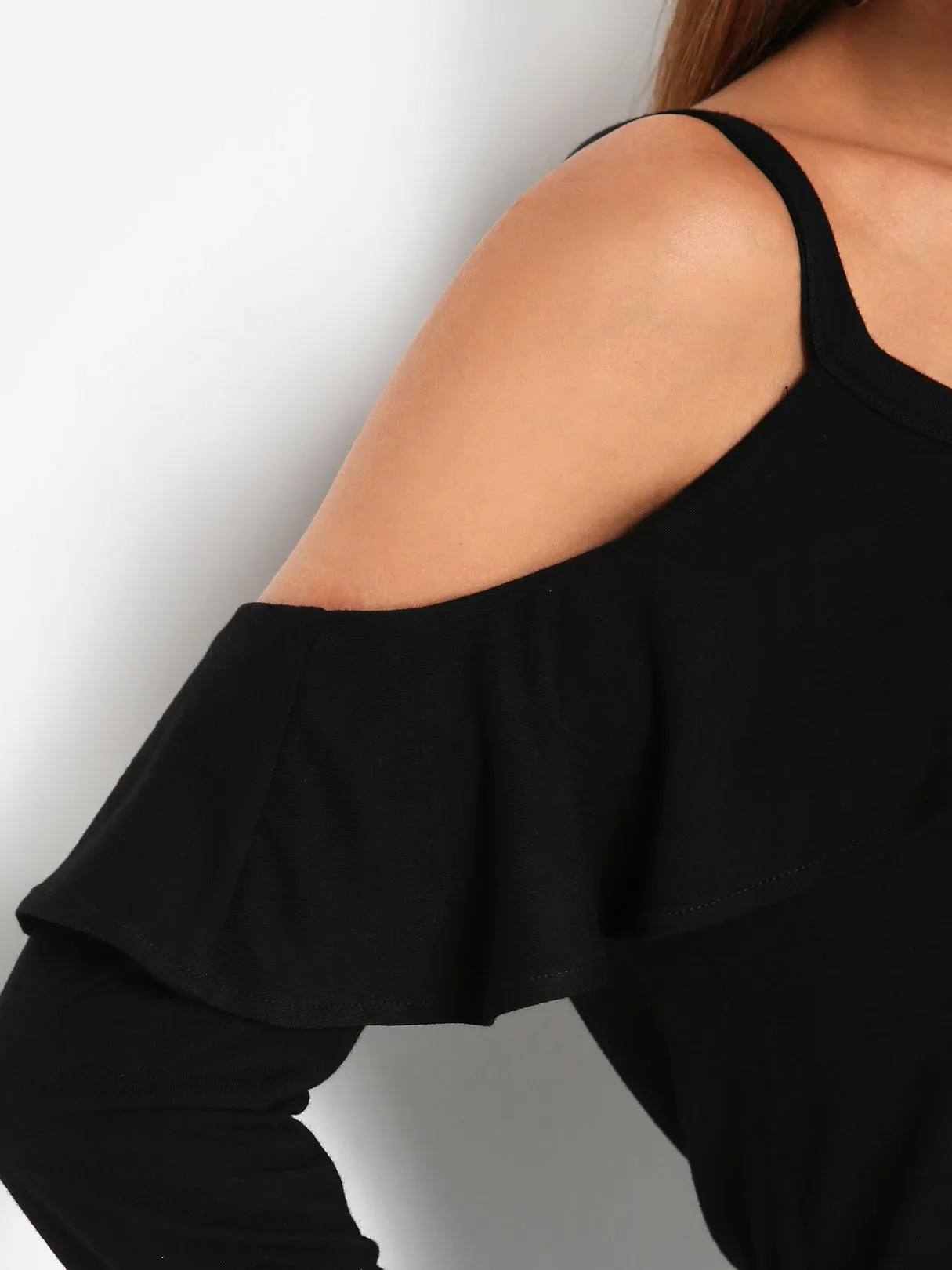 Custom Cold Shoulder Plain Cut Out Long Sleeve Black T-Shirts