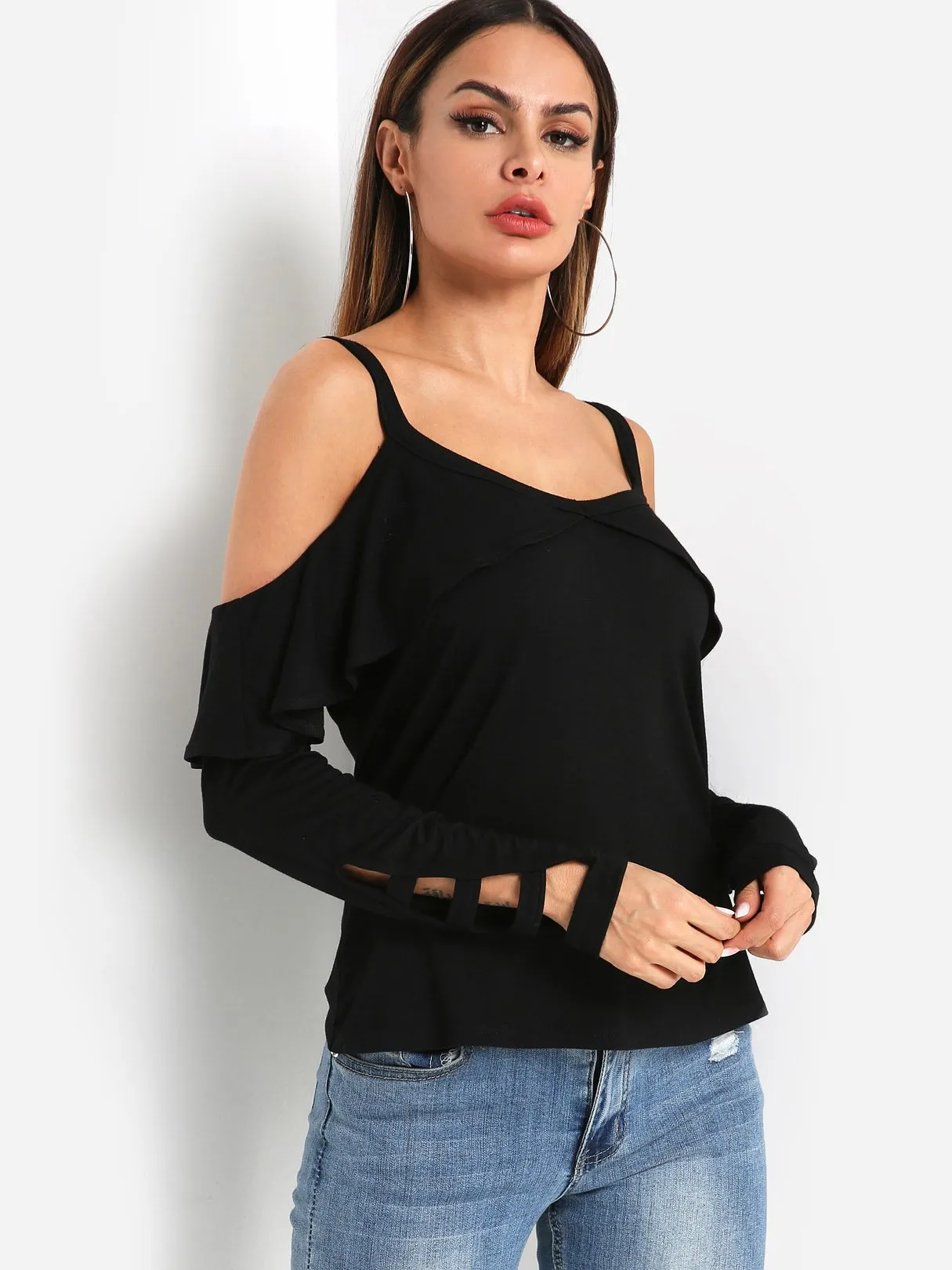 Custom Cold Shoulder Plain Cut Out Long Sleeve Black T-Shirts