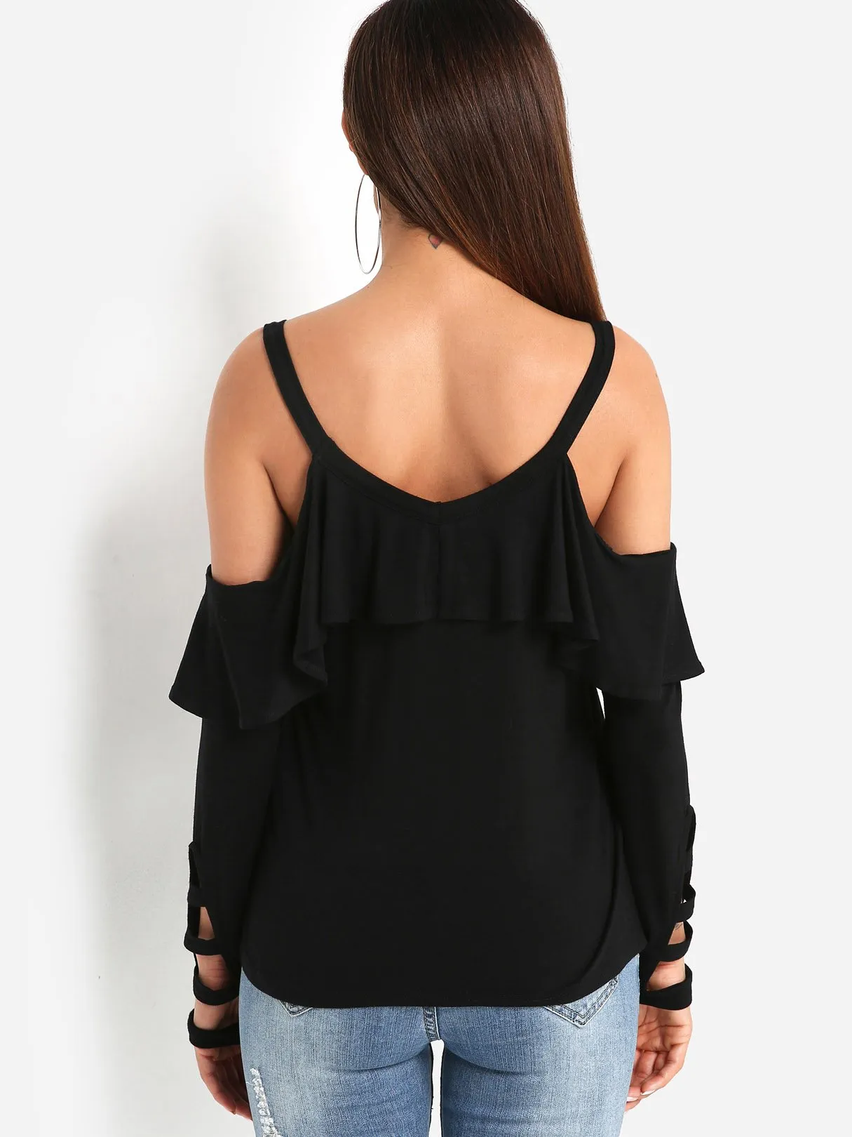 Custom Cold Shoulder Plain Cut Out Long Sleeve Black T-Shirts