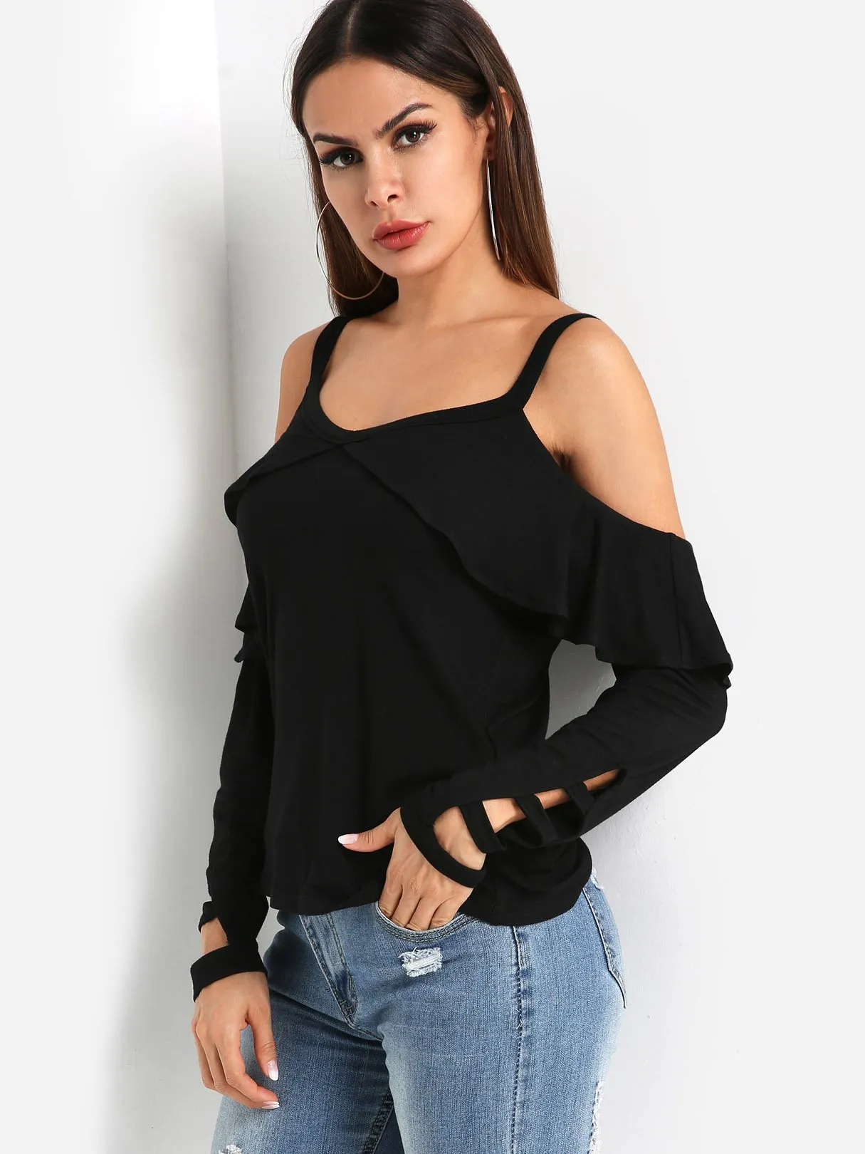 Custom Cold Shoulder Plain Cut Out Long Sleeve Black T-Shirts