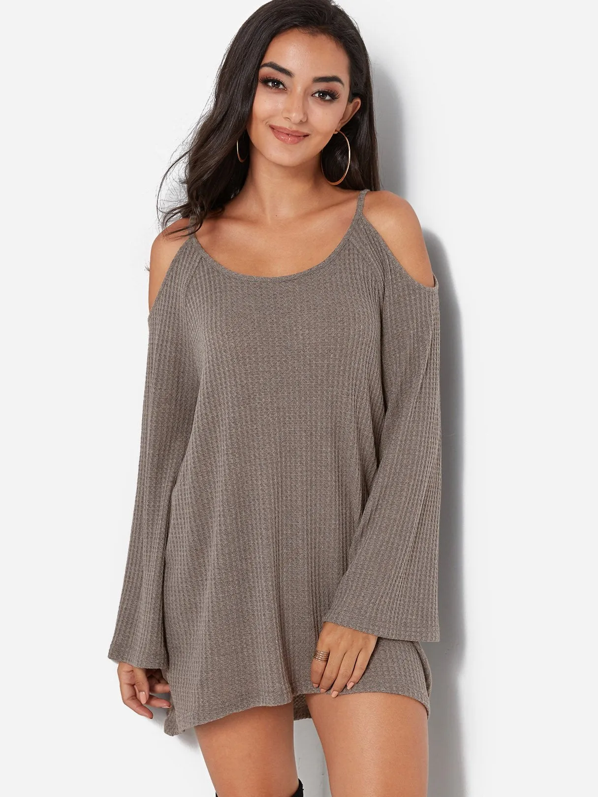 Custom Cold Shoulder Plain Long Sleeve Grey Top