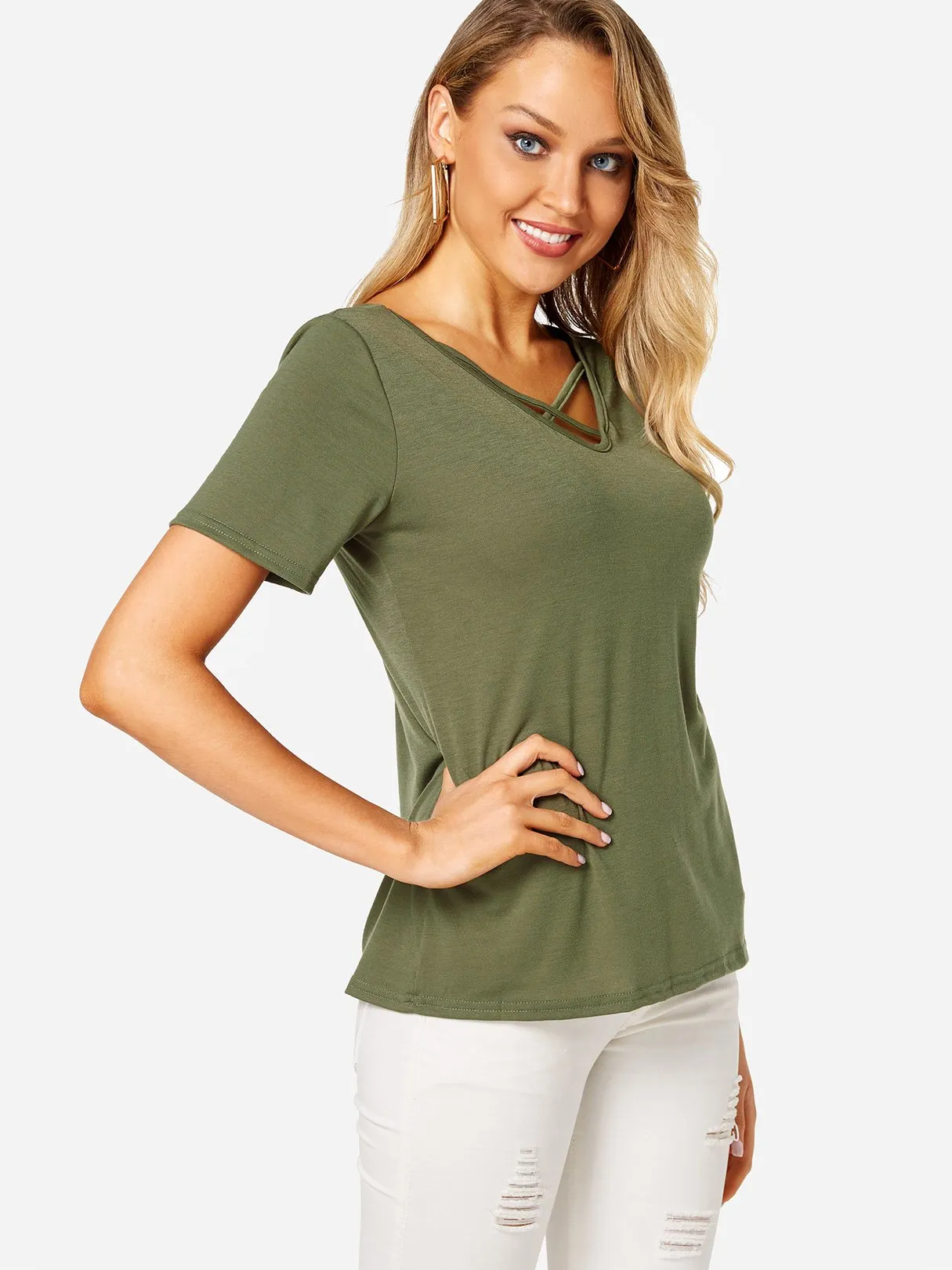 Custom Deep V Neck Plain Crossed Front Short Sleeve T-Shirts