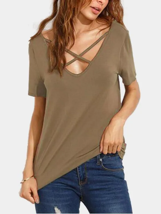 Custom Deep V Neck Plain Crossed Front Short Sleeve T-Shirts