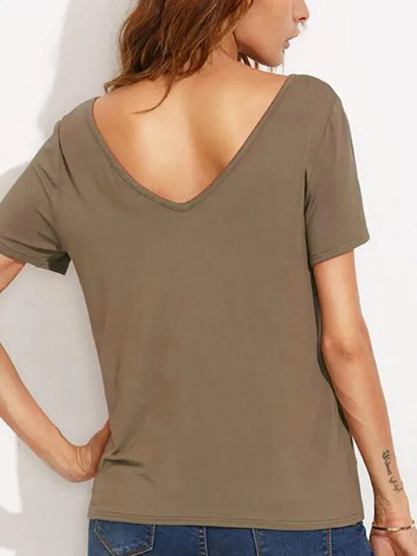 Custom Deep V Neck Plain Crossed Front Short Sleeve T-Shirts