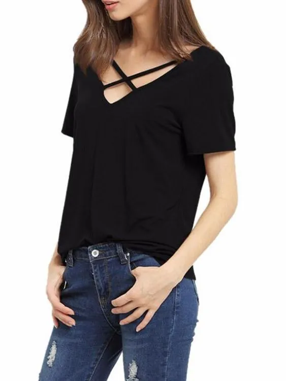 Custom Deep V Neck Plain Crossed Front Short Sleeve T-Shirts