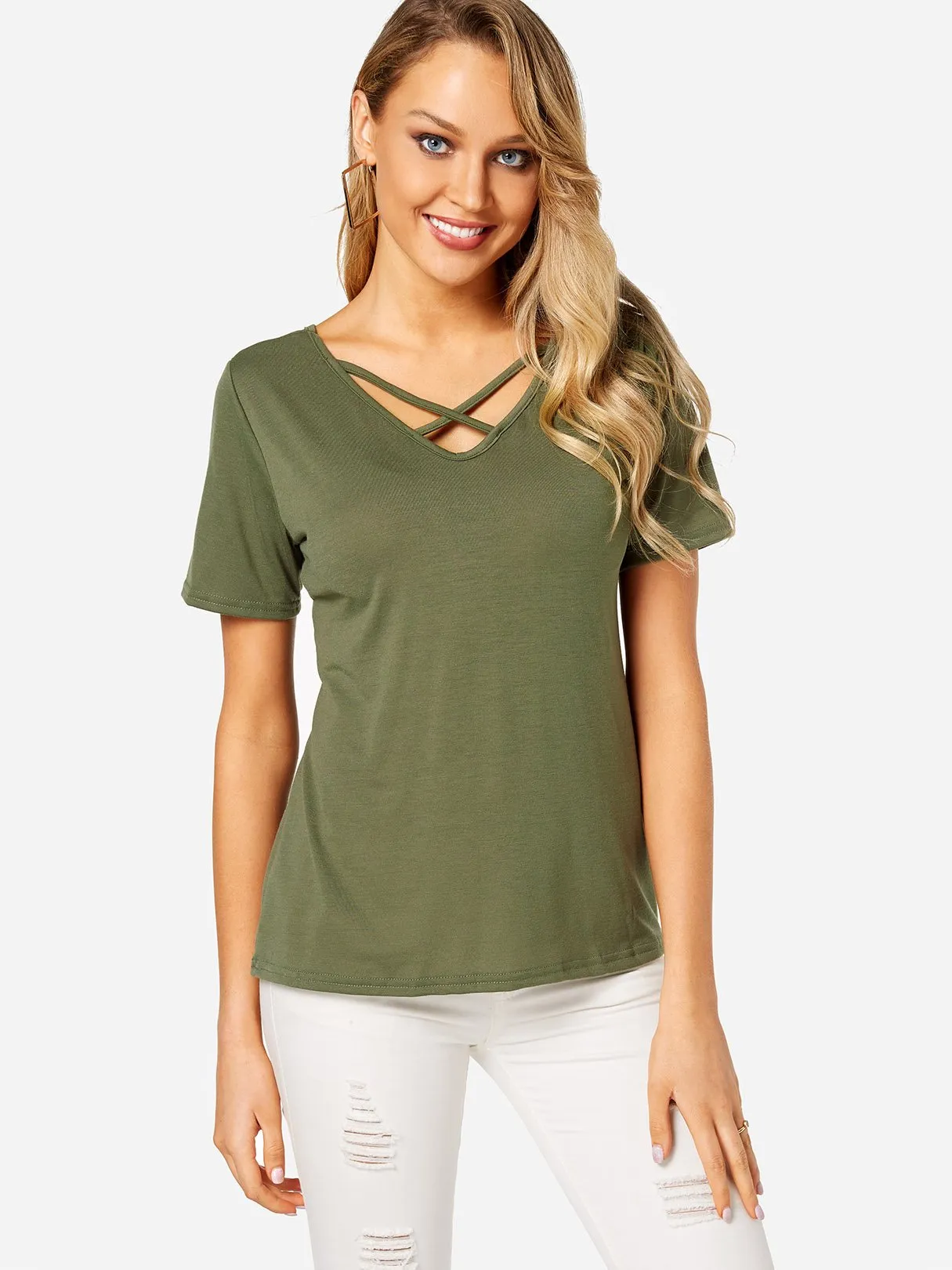 Custom Deep V Neck Plain Crossed Front Short Sleeve T-Shirts