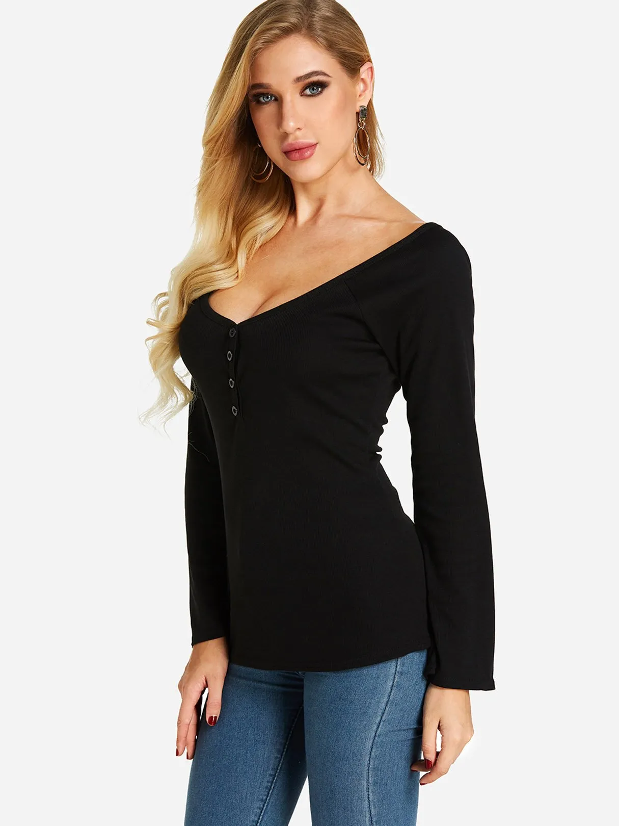 Custom Deep V Neck Plain Long Sleeve Black Top