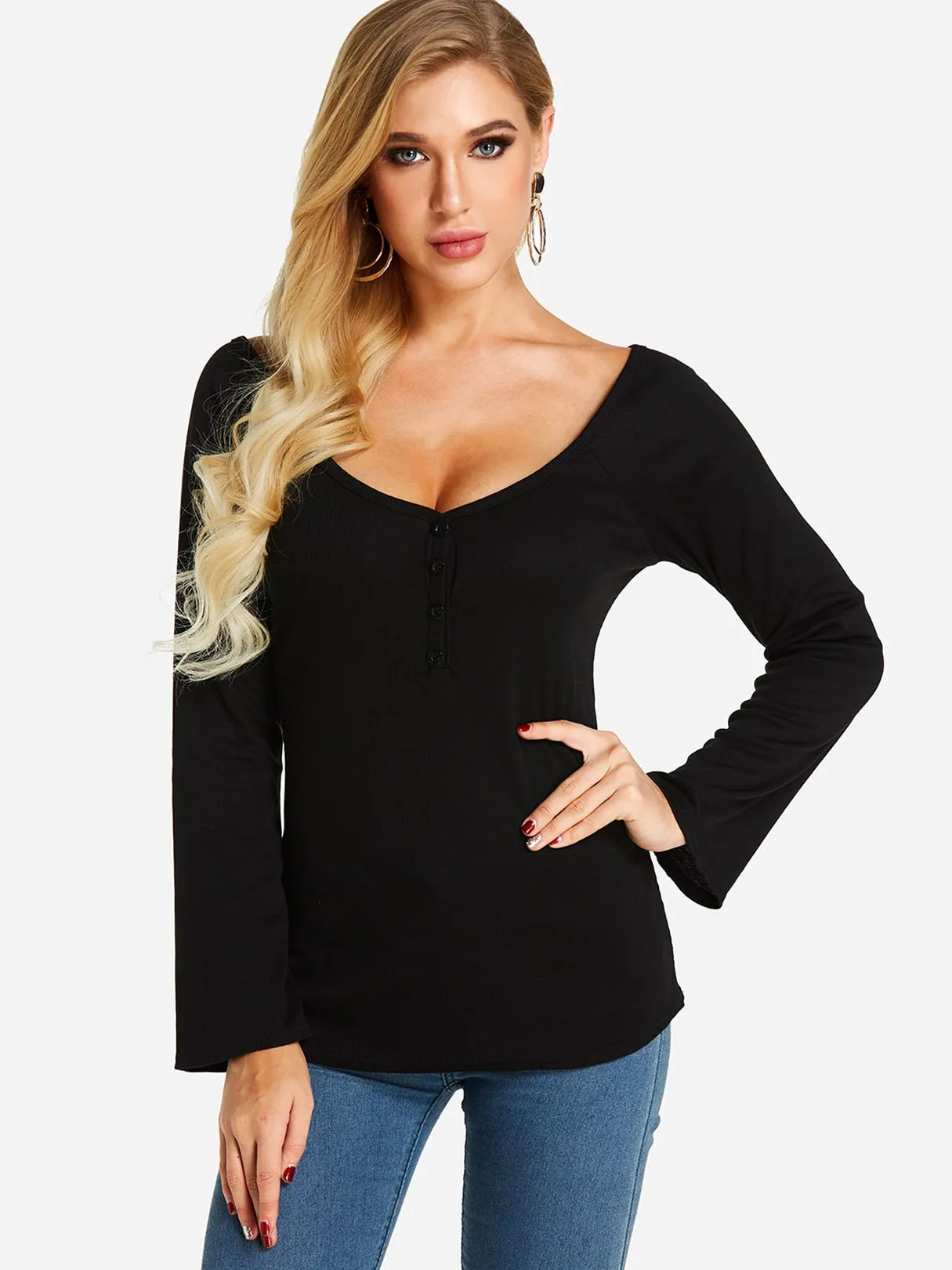 Custom Deep V Neck Plain Long Sleeve Black Top