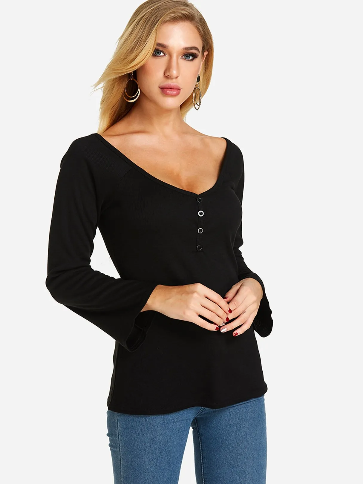 Custom Deep V Neck Plain Long Sleeve Black Top