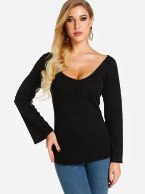 Custom Deep V Neck Plain Long Sleeve Black Top