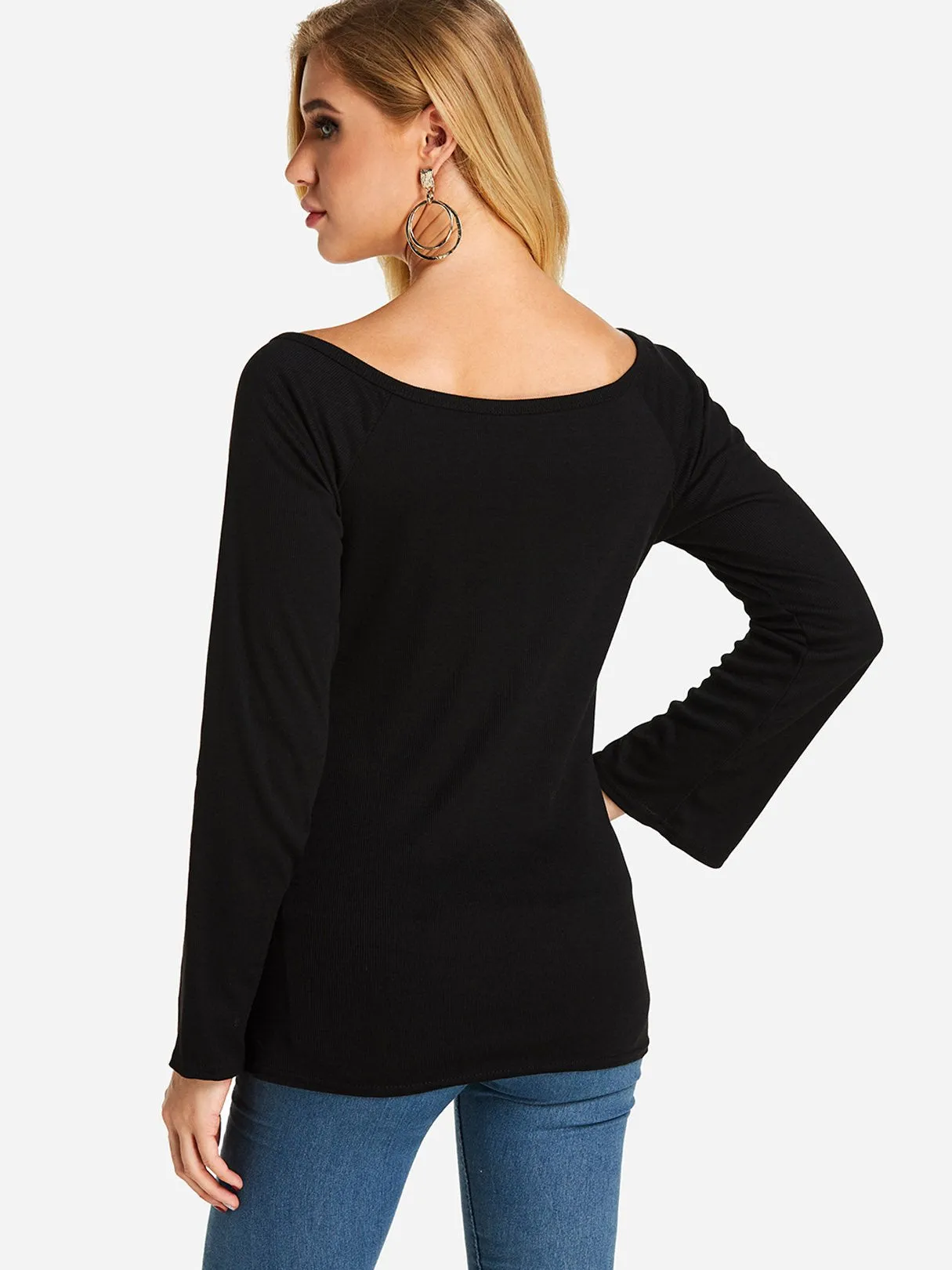 Custom Deep V Neck Plain Long Sleeve Black Top