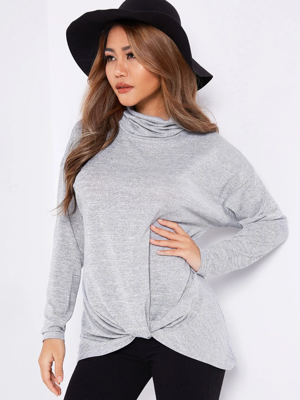 Custom High Neck Plain Crossed Front Long Sleeve Irregular Hem Grey T-Shirts