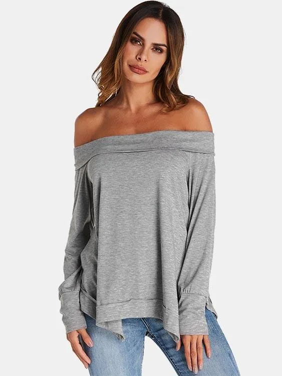 Custom Off The Shoulder Plain Long Sleeve T-Shirt