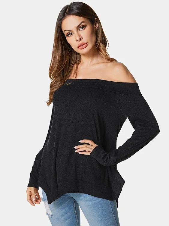 Custom Off The Shoulder Plain Long Sleeve T-Shirt