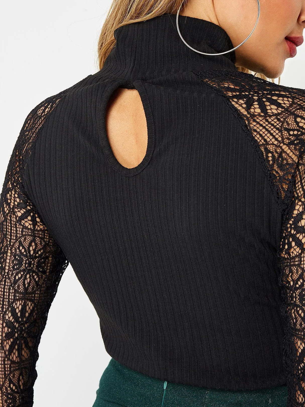 Custom Plain Lace High Collar Long Sleeve Black Top