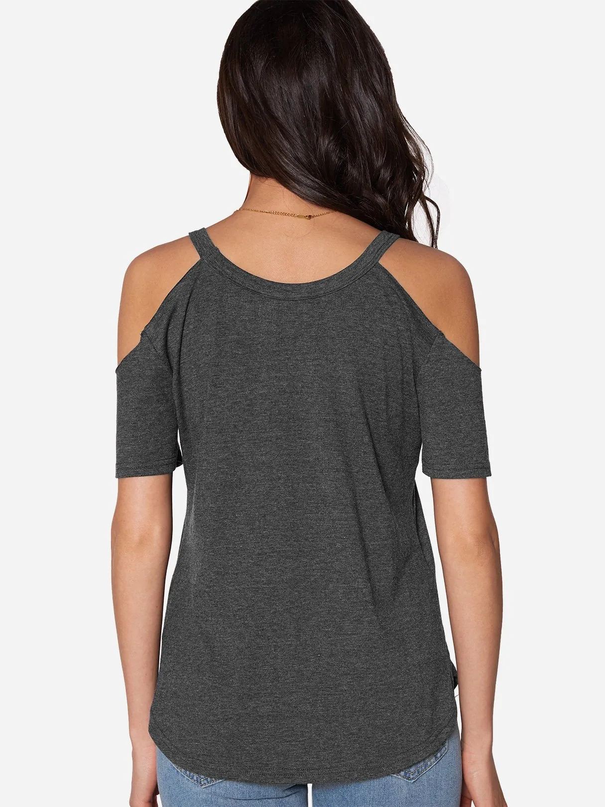 Custom Round Neck Cold Shoulder Plain Cut Out Short Sleeve Grey T-Shirts