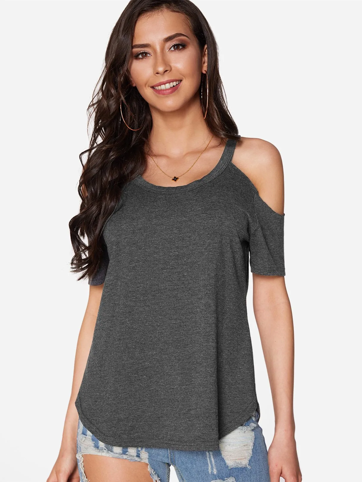 Custom Round Neck Cold Shoulder Plain Cut Out Short Sleeve Grey T-Shirts