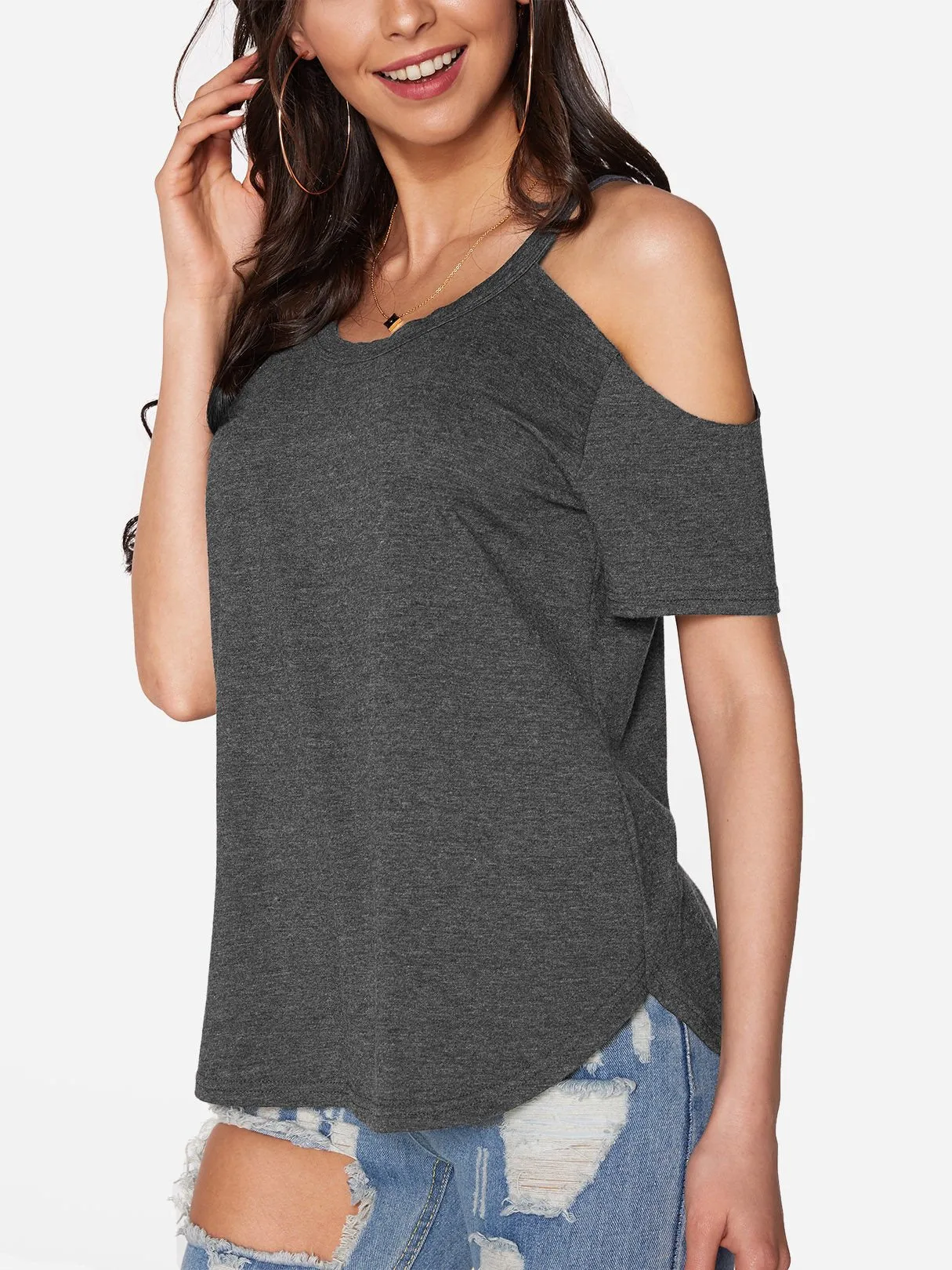 Custom Round Neck Cold Shoulder Plain Cut Out Short Sleeve Grey T-Shirts