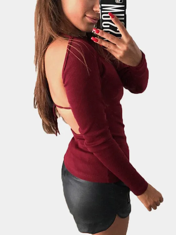 Custom Round Neck Plain Backless Long Sleeve Burgundy T-Shirts