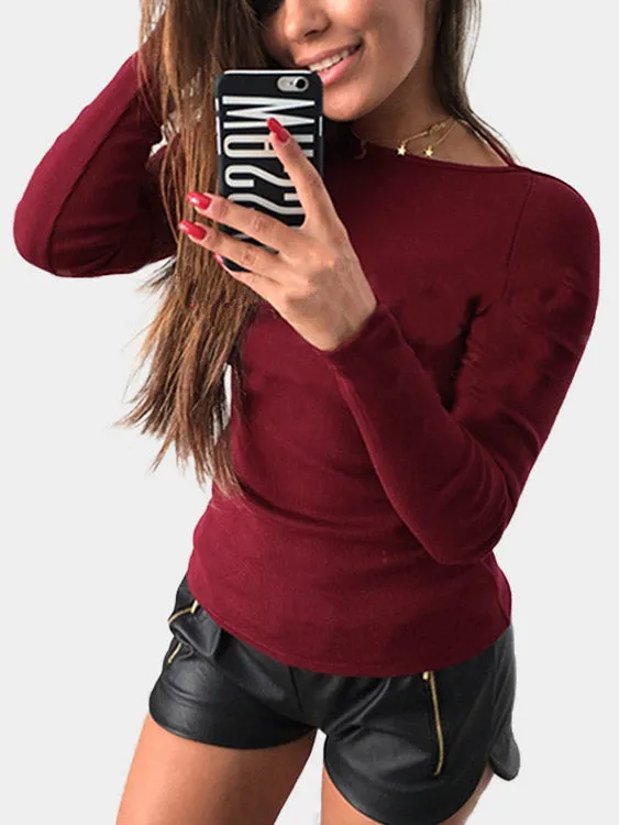 Custom Round Neck Plain Backless Long Sleeve Burgundy T-Shirts